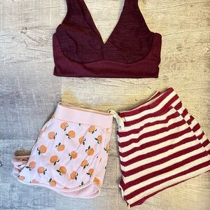 American Eagle Outfitters Pink Peach Print Shorts and Maroon Striped Knit Shorts